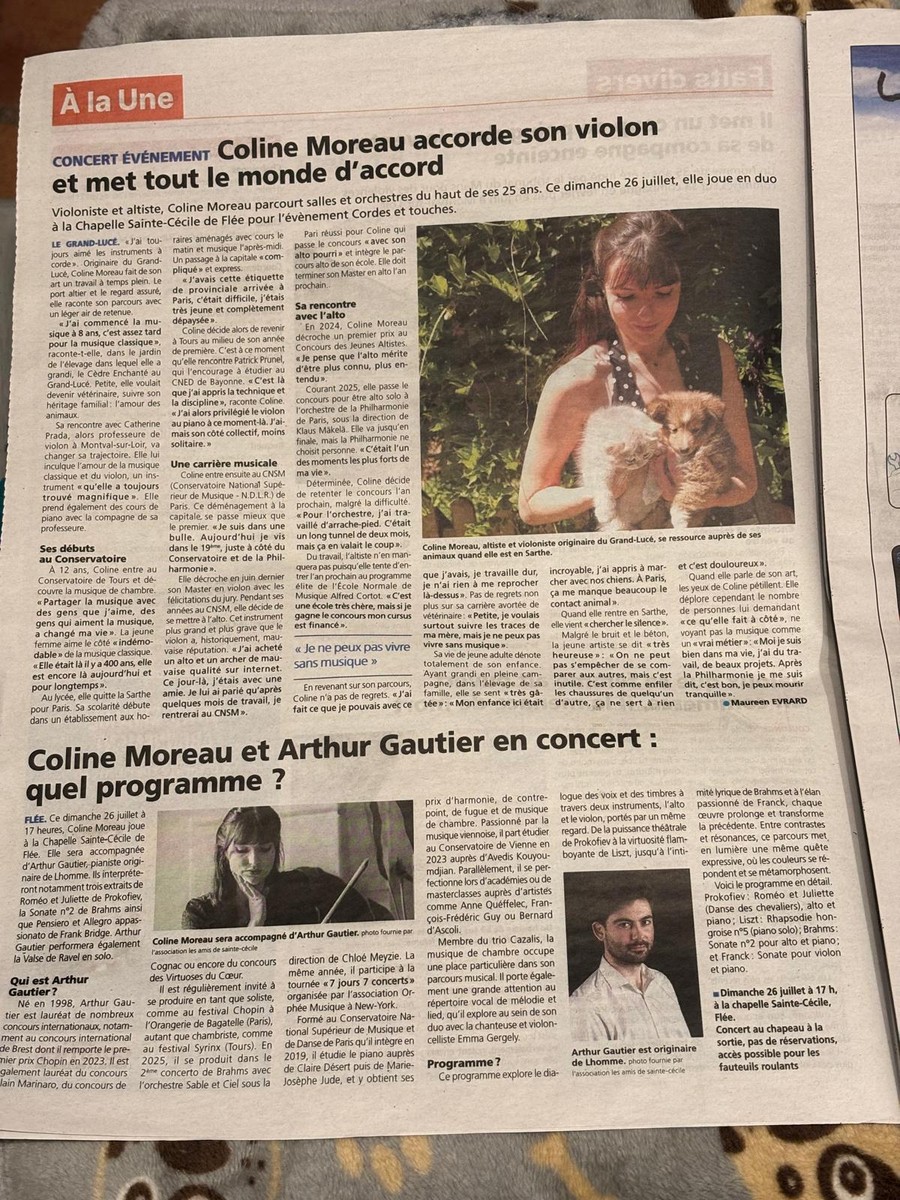 Article « Coline Moreau accorde son violon et met tout le monde d'accord », Le Petit Courrier, 24 juillet 2026